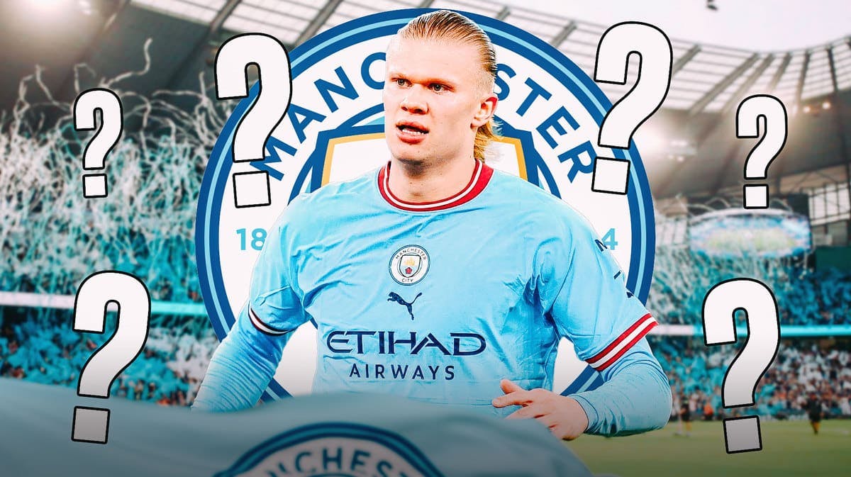 Erling Haaland in front of the manchester city logo with questionmarks in the air