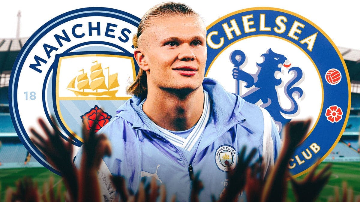Erling Haaland in front of the Manchester City and Chelsea logos
