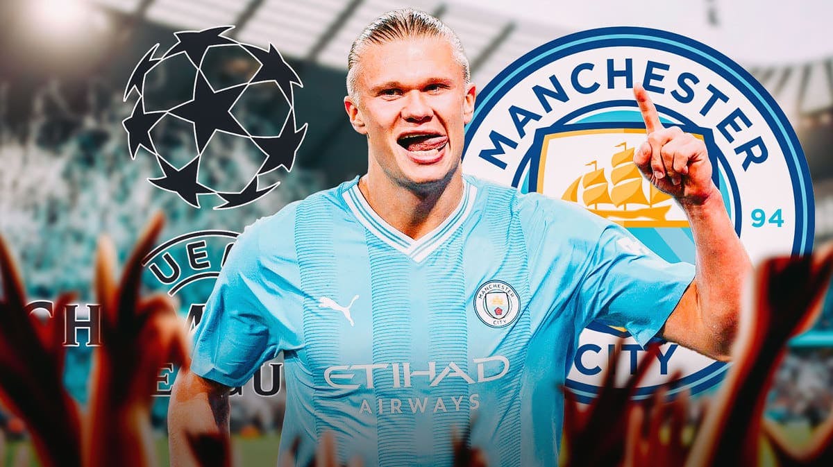 Erling Haaland celebrating in front of the Manchester City and Champions League logos