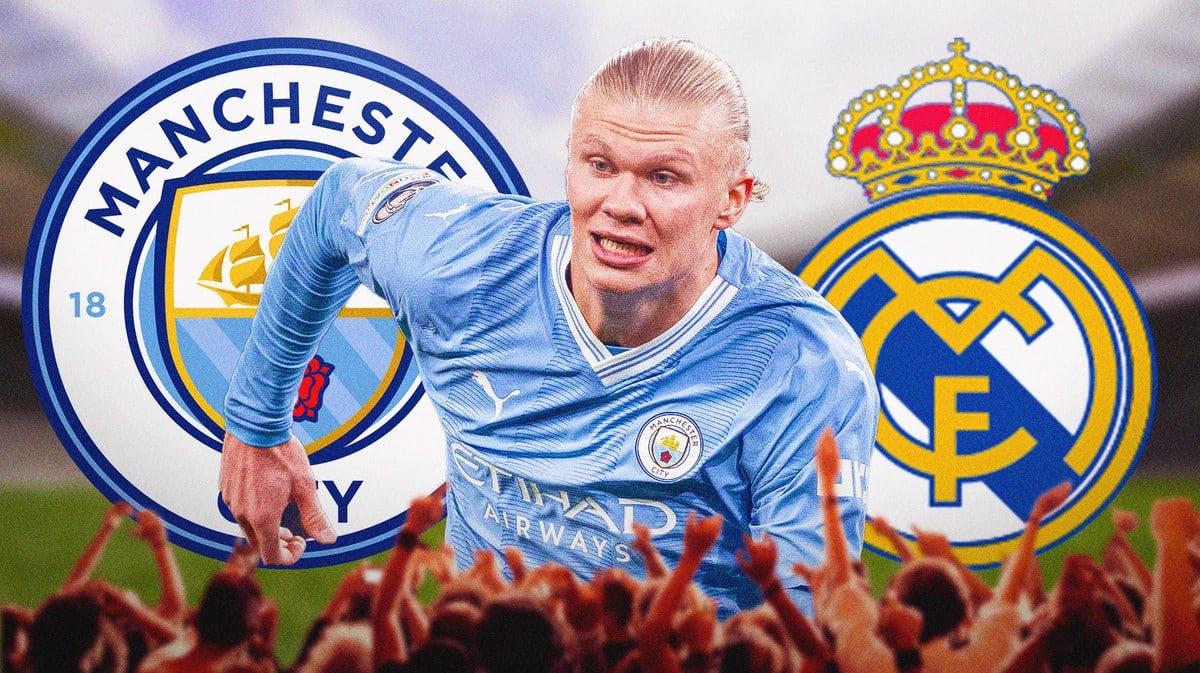 Erling Haaland in front of the Manchester City and Real Madrid logos