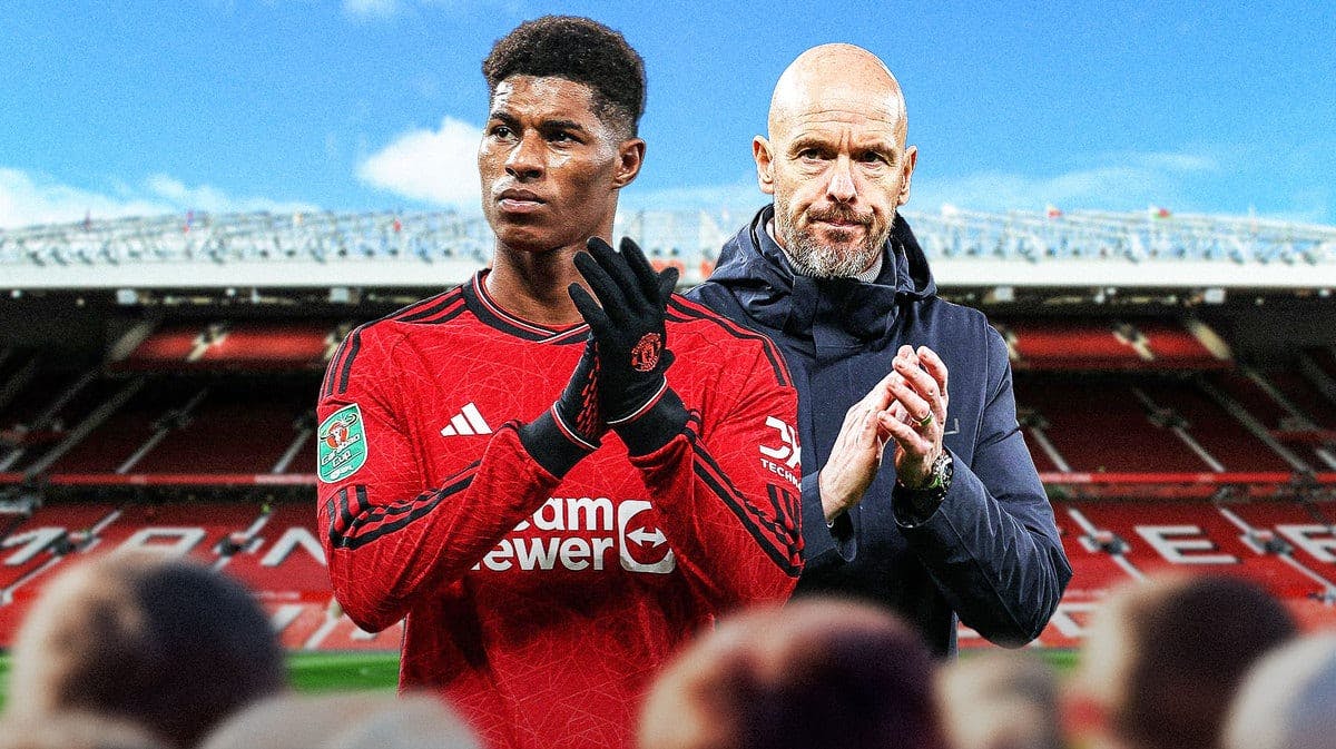 Marcus Rashford in action in Manchester United jersey, Erik ten Hag beside him looking mad/serious, Old Trafford as background