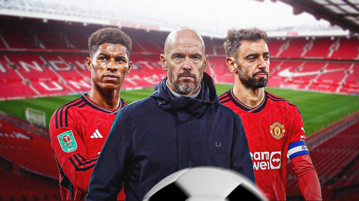 Erik ten Hag looking stressed coaching Manchester United, have Marcus Rashford, Bruno Fernandes behind him in United jerseys looking serious, Old Trafford as silhouette