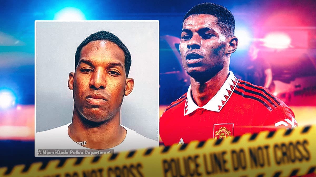 Marcus Rashford and his brother with police around them, the Manchester United logo in the sky
