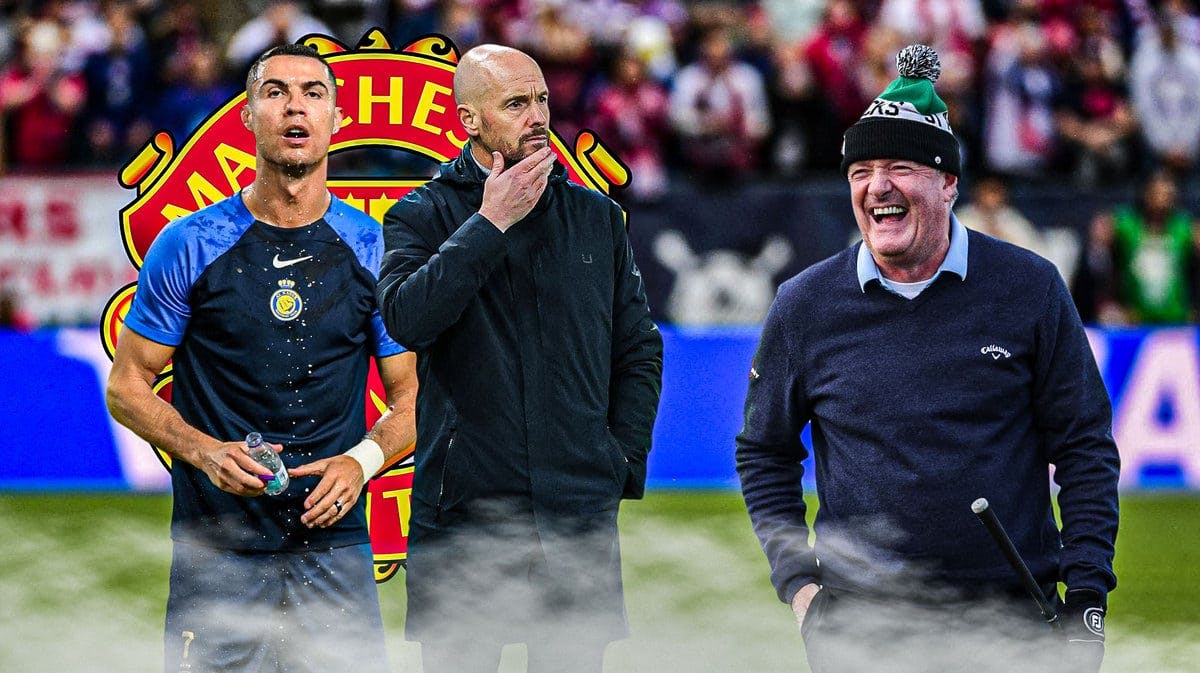 Piers Morgan laughing towards Erik ten Hag and Cristiano Ronaldo in front of the Manchester United logo