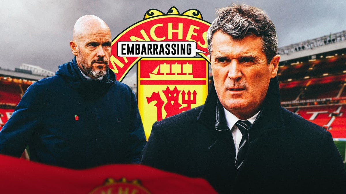 Roy Keane saying: ‘Embarrassing’ next to Erik ten Hag in front of the Manchester United logo