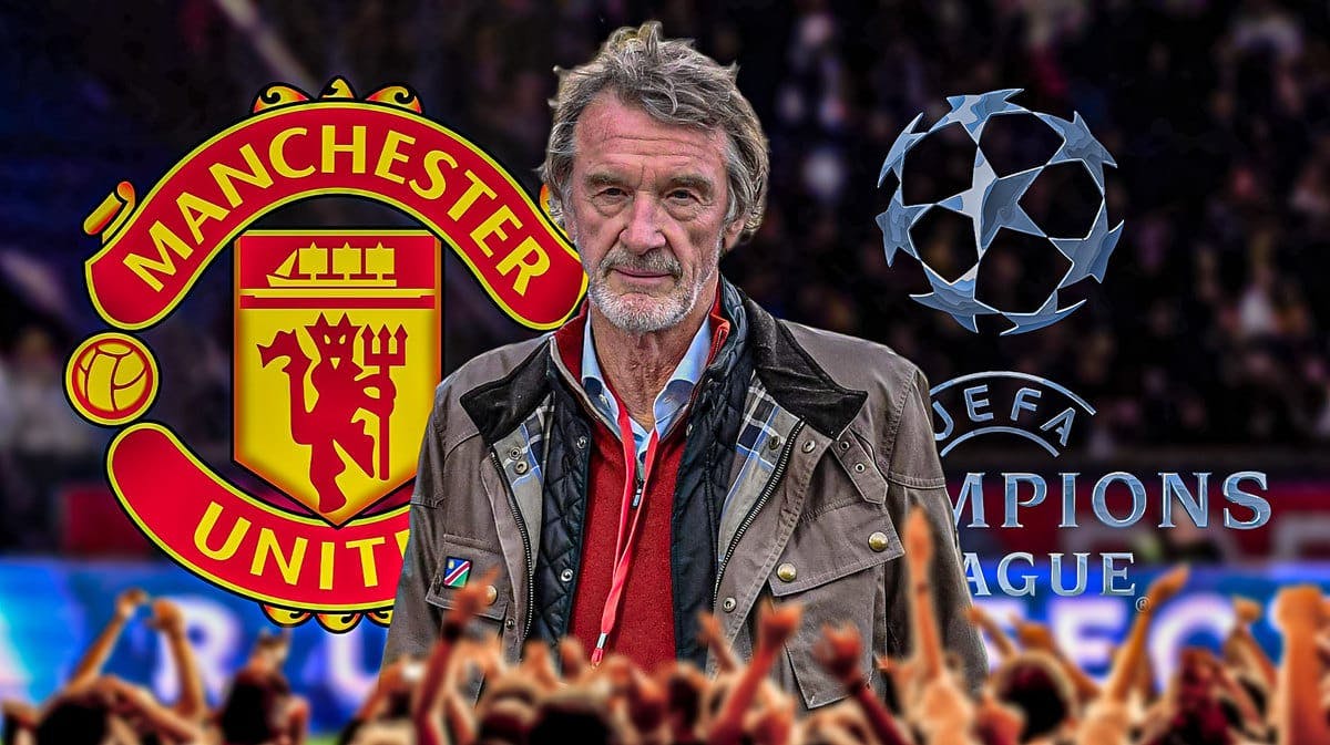 Sir Jim Ratcliffe in front of the Manchester United and Champions League logos