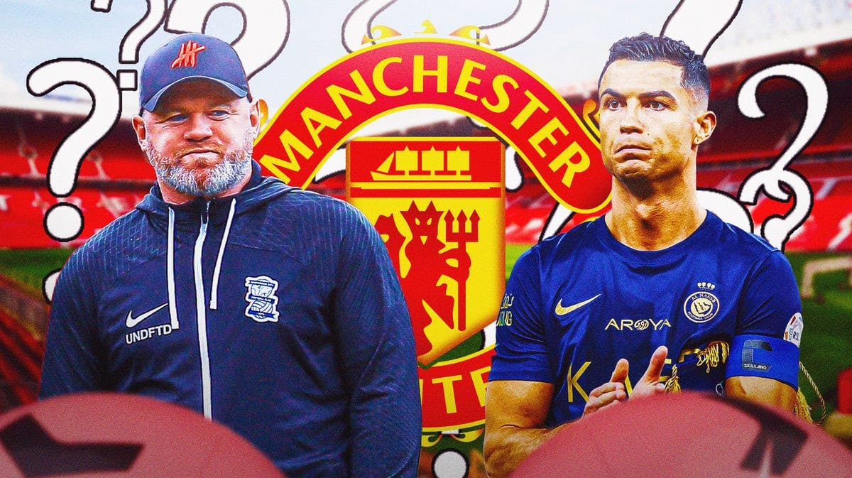 Wayne Rooney and Cristiano Ronaldo looking at each other in front of the Manchester United logo, questionmarks in the air