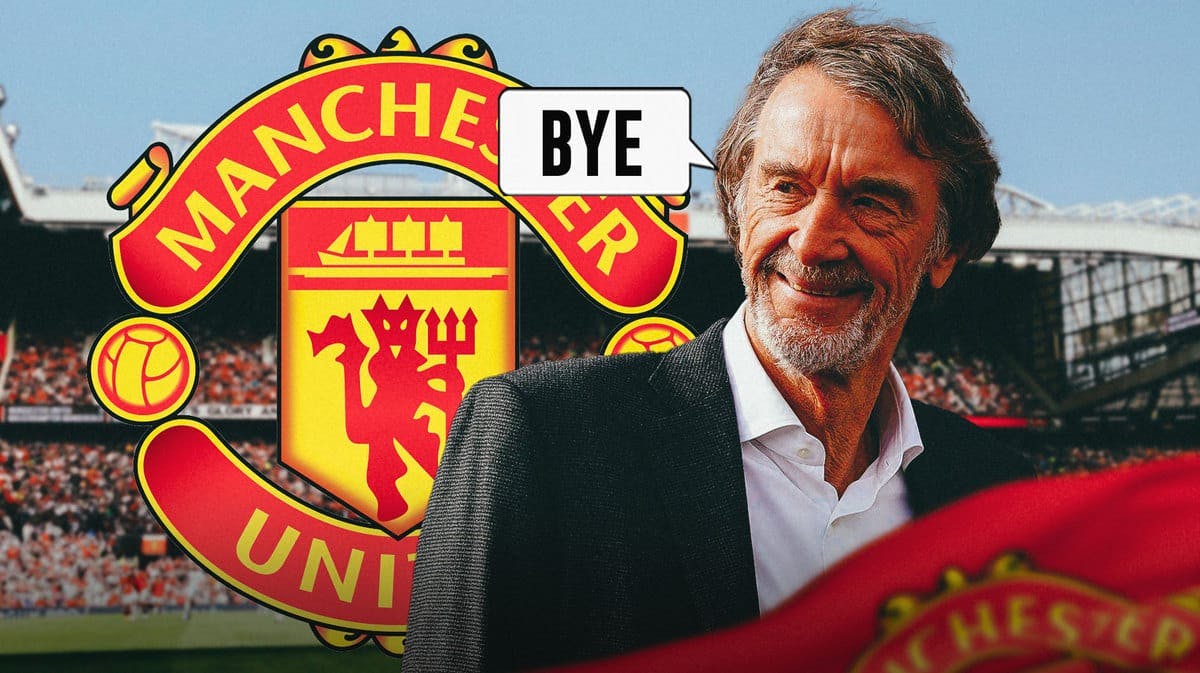 Sir Jim Ratcliffe saying: ‘Bye’ in front of the manchester united logo