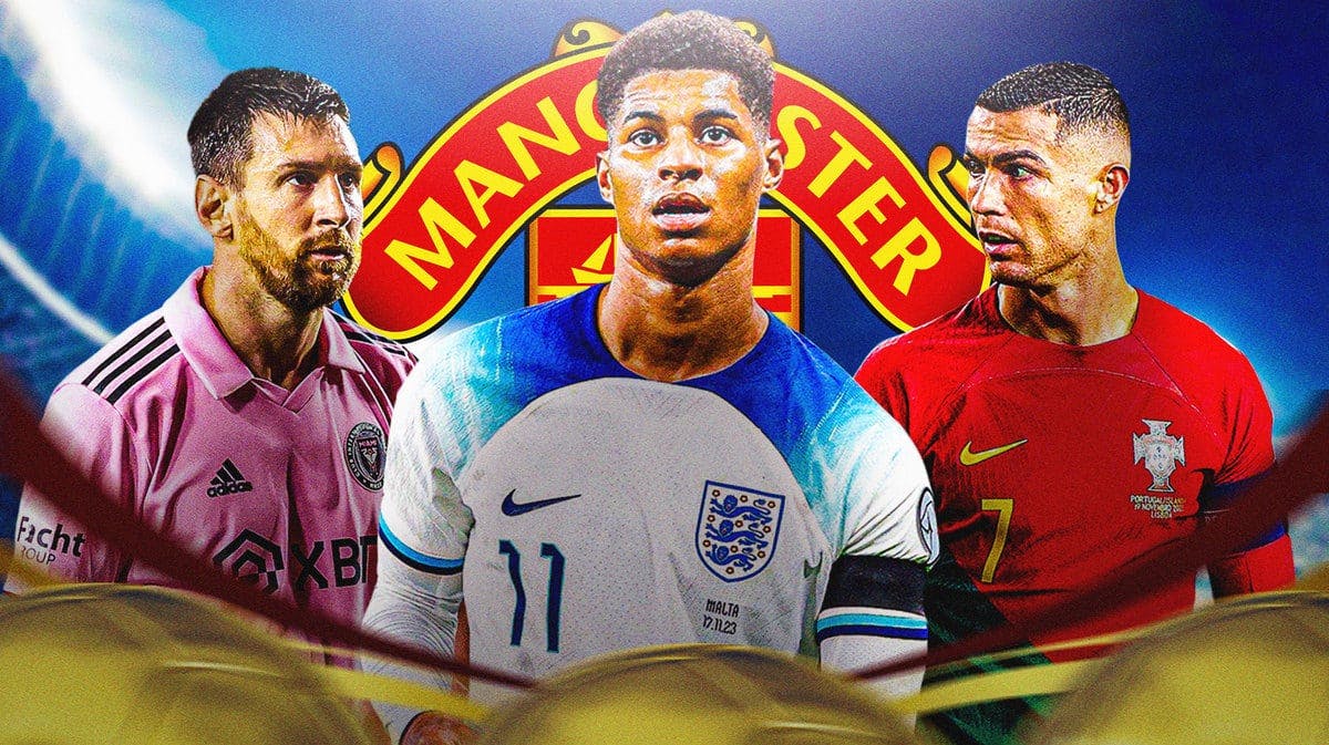 Marcus Rashford in the middle in front of the Manchester United logo, Lionel Messi and Cristiano Ronaldo on the sides