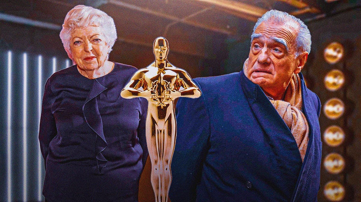 Thelma Schoonmaker and Martin Scorsese with Oscar trophy between them.