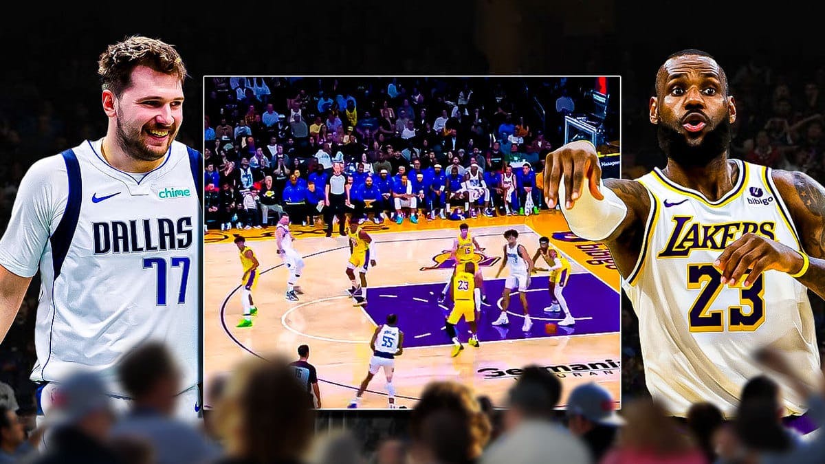 screenshot of Luka Doncic’s pass, with picture of Mavs' Luka Doncic smiling and Lakers' LeBron James looking surprised