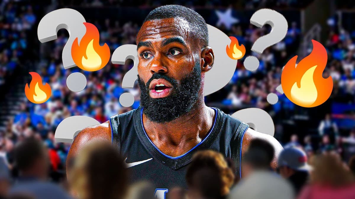 Mavs' Tim Hardaway Jr. looking concerned, with question marks and fire emojis around him