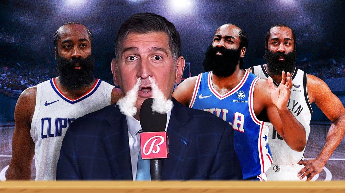 Mavs announcer Brian Dameris with smoke coming out of his nose, with Clippers James Harden looking sad with pictures of Nets Harden and Sixers Harden looking hurt beside