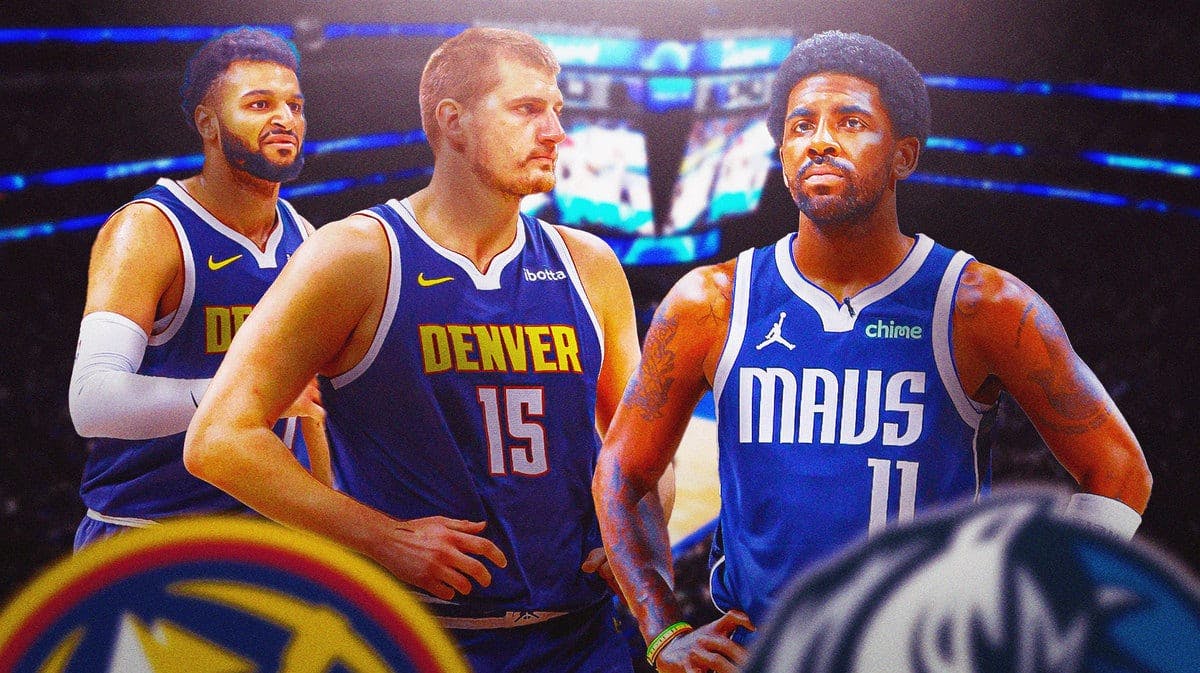 Mavs star Kyrie Irving looking at Nikola Jokic and Jamal Murray as he is questionable with an injury for NBA in-season tournament game.