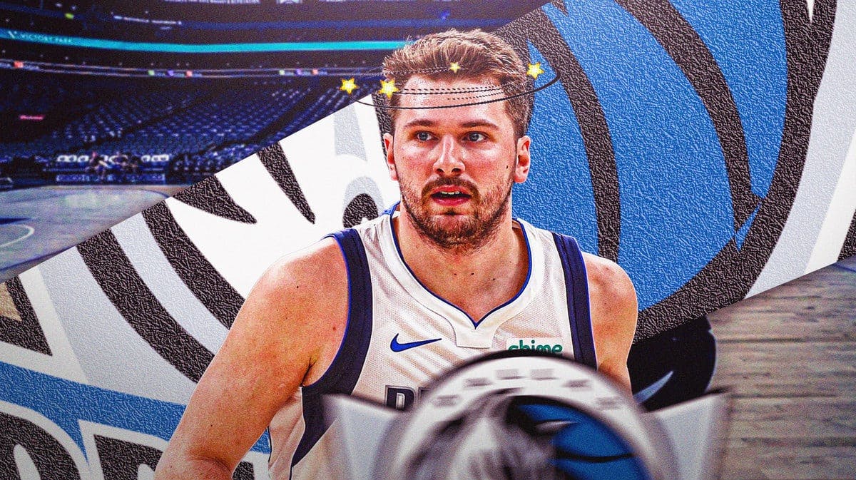 Luka Doncic of the Mavs looking serious with dizzyness symbol around his head