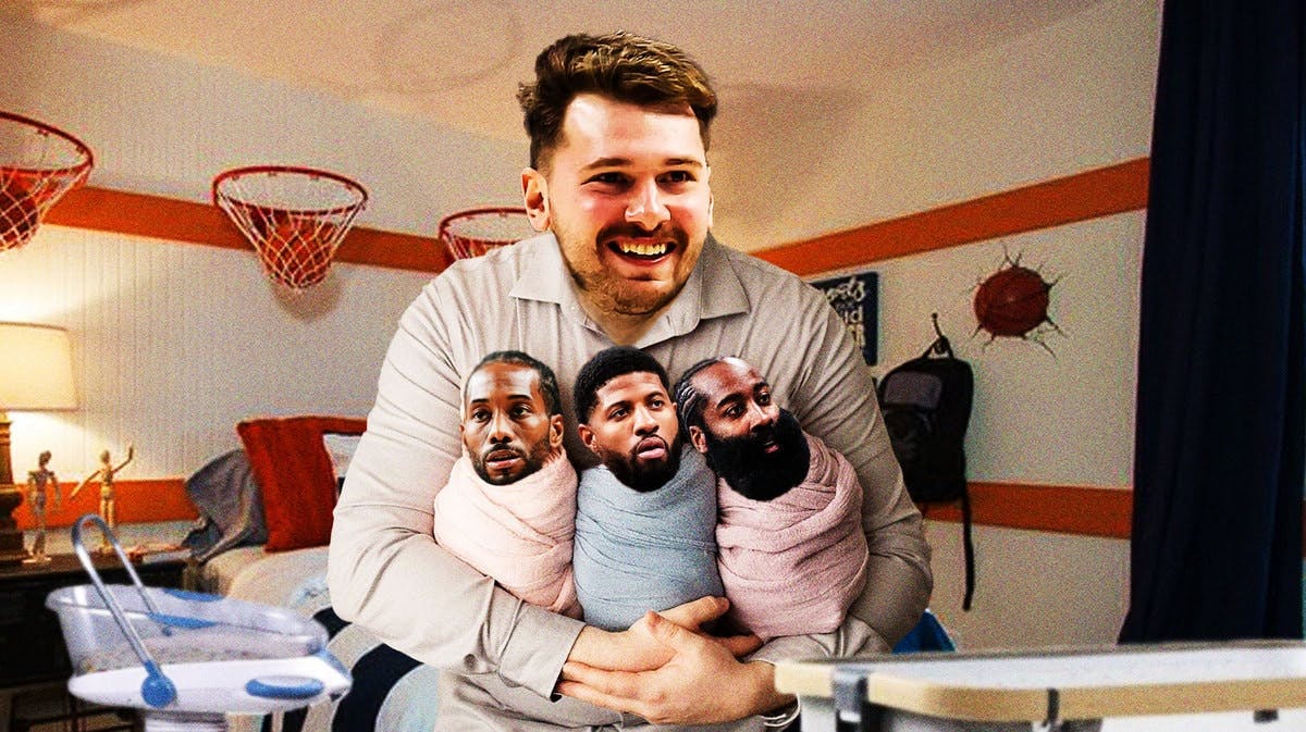Mavs' Luka Doncic as a father holding triplets, with heads of Clippers' Kawhi Leonard, Paul George, and James Harden on the babies