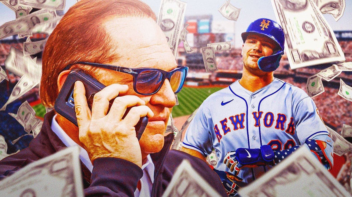 Scott Boras on a phone, Pete Alonso next to him smiling wiht money falling