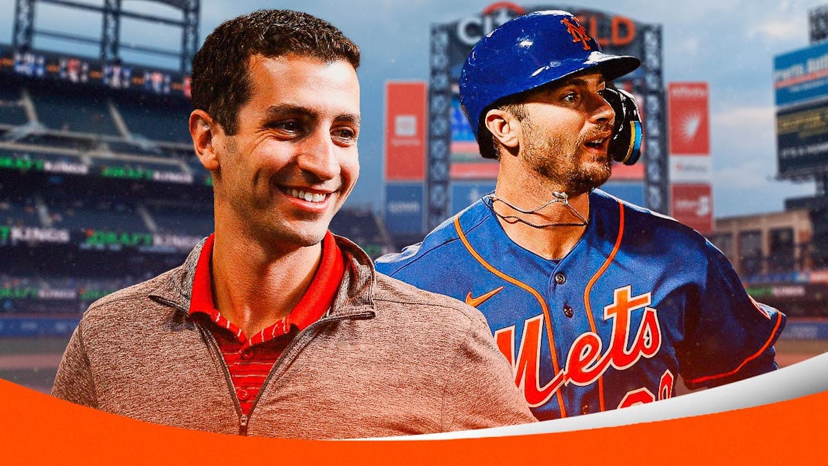 New York Mets president of baseball operations David Stearns and a speech bubble “Not Going Anywhere” next to an image of NY Mets' Pete Alonso