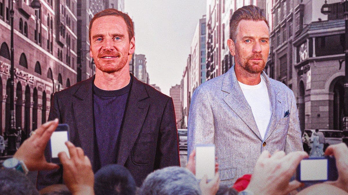 Michael Fassbender and Ewan McGregor with city background.