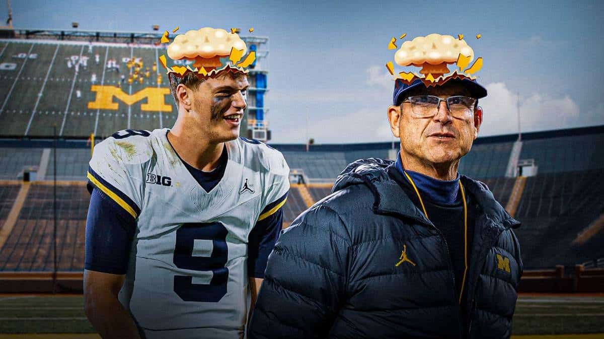 Michigan football coach Jim Harbaugh and JJ McCarthy with mind-blown heads.