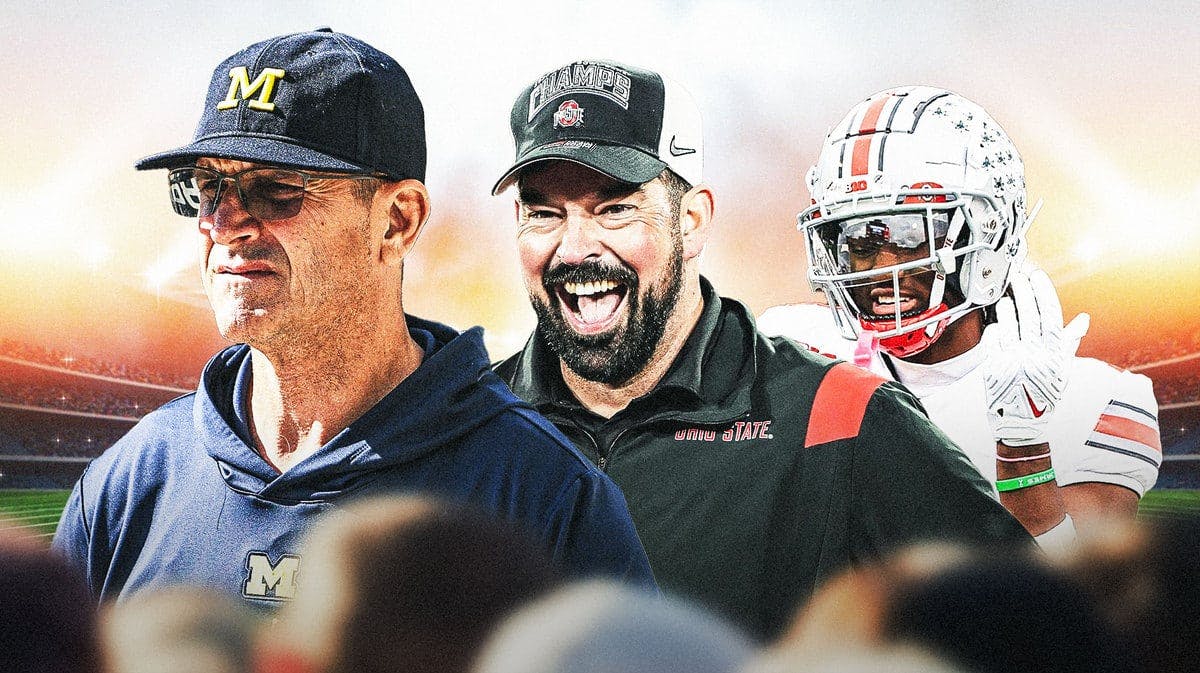 Michigan football and JJ McCarthy mentor Jim Harbaugh with Ohio State Ryan Day and Marvin Harrison Jr