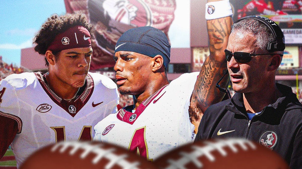 Photo: Mike Norvell in Florida State football gear with Keon Coleman and Johnny Wilson in FSU jersey’s next to him