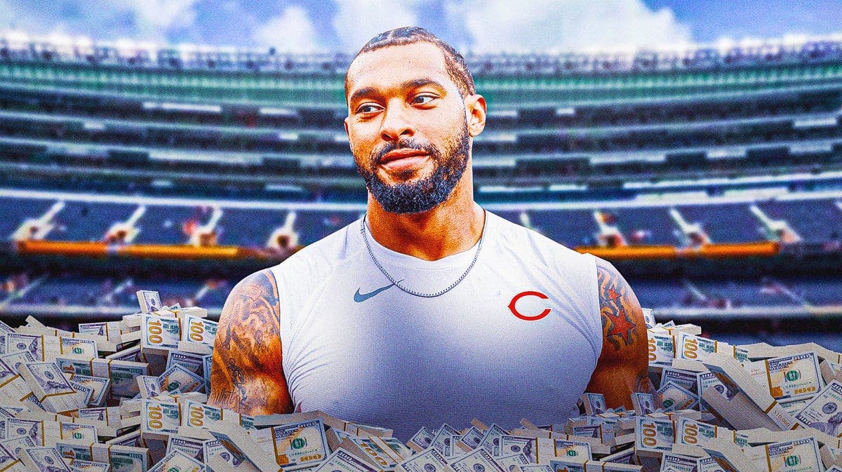 Montez Sweat in Bears jersey smiling with money flying around him