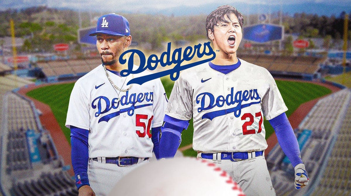Dodgers' logo in middle. Dodgers' Mookie Betts, Shohei Ohtani in Dodgers uniform.