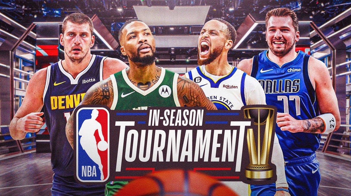 NBA In-Season Tournament logo in the foreground. Steph Curry, Nikola Jokic, Damian Lillard, Luka Doncic all together.