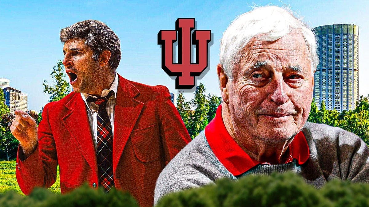Indiana basketball legend Bob Knight with the IU logo in the background