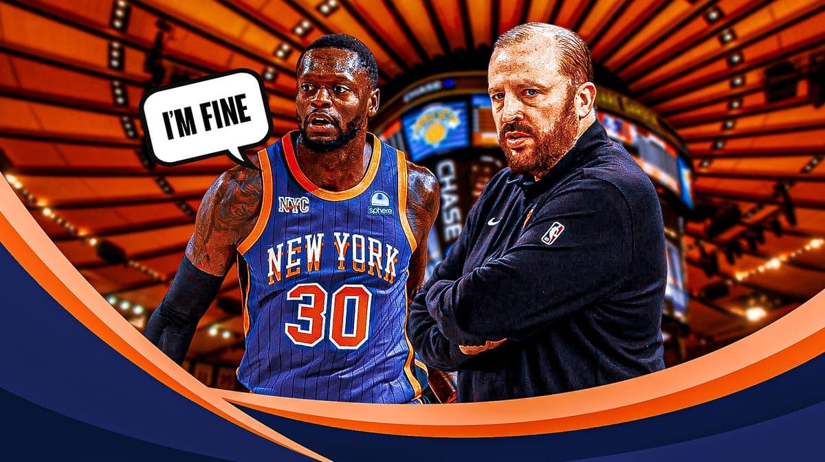 New York Knick Julius Randle and speech bubble “I’m Fine” and next to him image of Knicks coach Tom Thibodeau