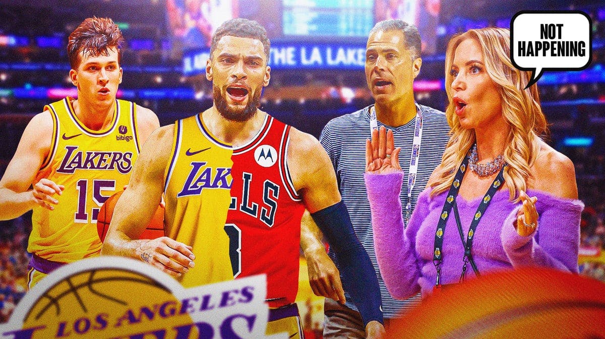 Zach LaVine in half Lakers, half Bulls jersey, Austin Reaves beside him in action in Lakers jersey, Rob Pelinka, Jeanie Buss in background saying “Not happening”