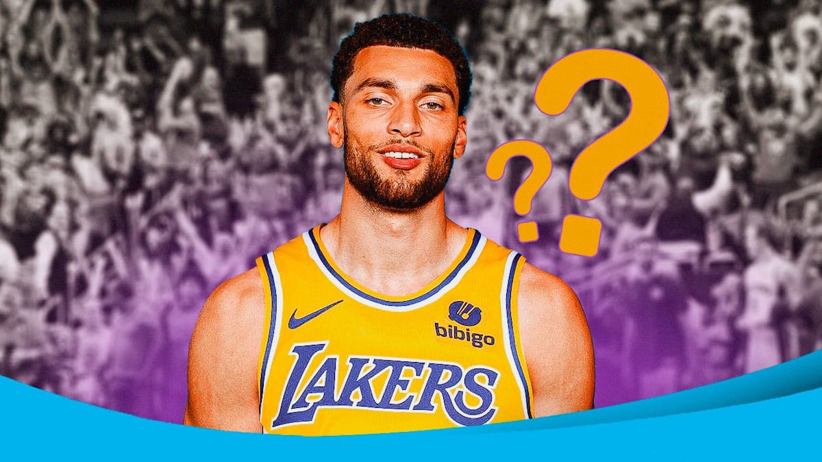 Zach LaVine in a Lakers jersey. Question mark next to him