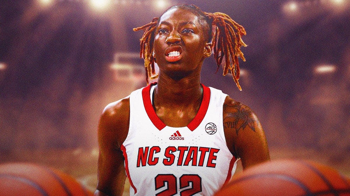 North Carolina State women’s basketball player Saniya Rivers in her NC State uniform with stars and basketballs along with the edge of the image.