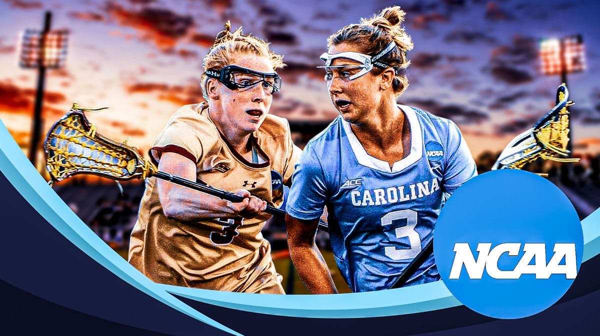 NCAA women's lacrosse players in front of the NCAA logo
