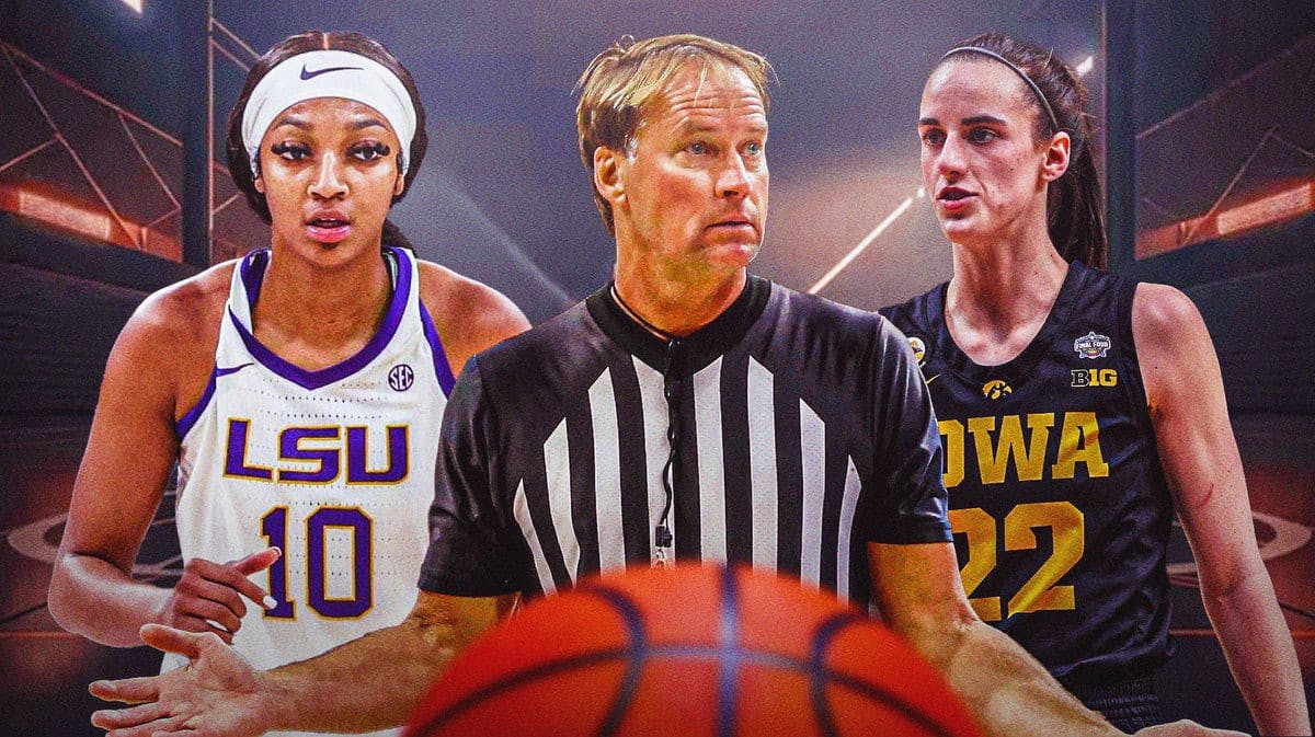 LSU women’s basketball player Angel Reese on one side of the image, and Iowa women’s basketball player Caitlin Clark on the other. In the middle between the two players is a basketball referee. The background is NCAA women's basketball game