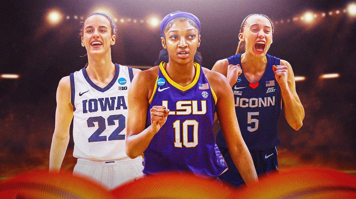 ifferent cut outs of LSU women’s basketball player Angel Reese, UConn women’s basketball player Paige Bueckers and Iowa women’s basketball player Caitlin Clark on a court, with basketballs along the edge of the image