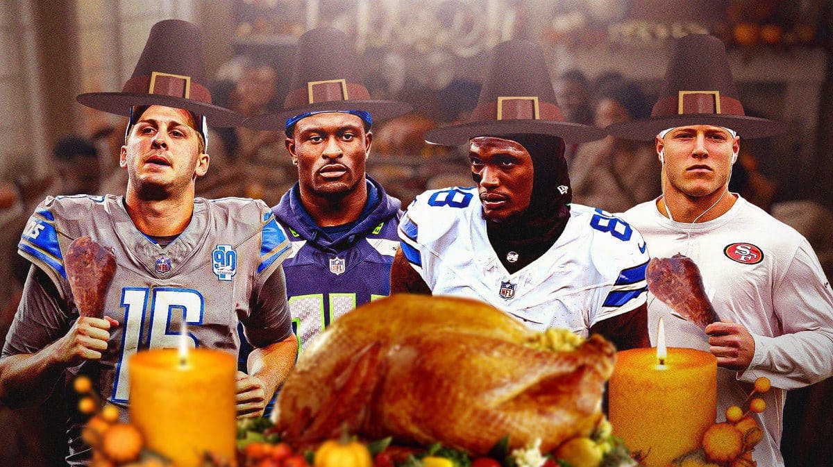 Jared Goff, CeeDee Lamb, D.K. Metcalf, Christian McCaffrey all together eating turkey legs dressed as pilgrims. Thanksgiving themes on the graphic.