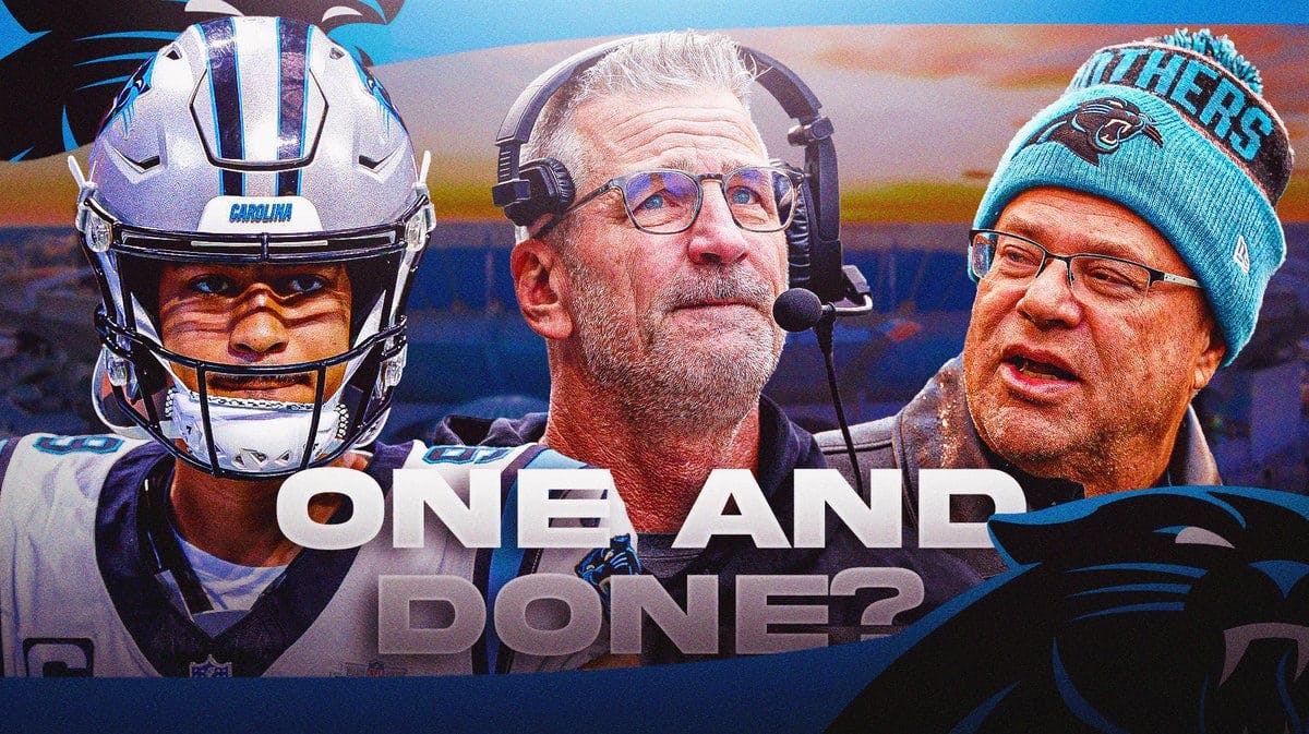 Carolina Panthers coach Frank Reich in middle of image, with text graphic “One And Done?” at the bottom of image. In background next to Reich, image on left of Carolina Panthers QB Bryce Young on left and Carolina Panthers owner David Tepper on right.