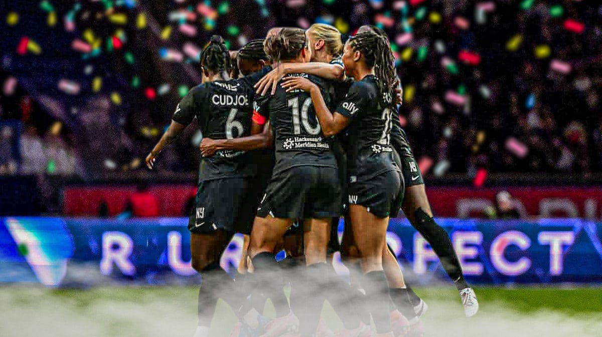 The women team of Gotham FC celebrating in front of the NWSL logo