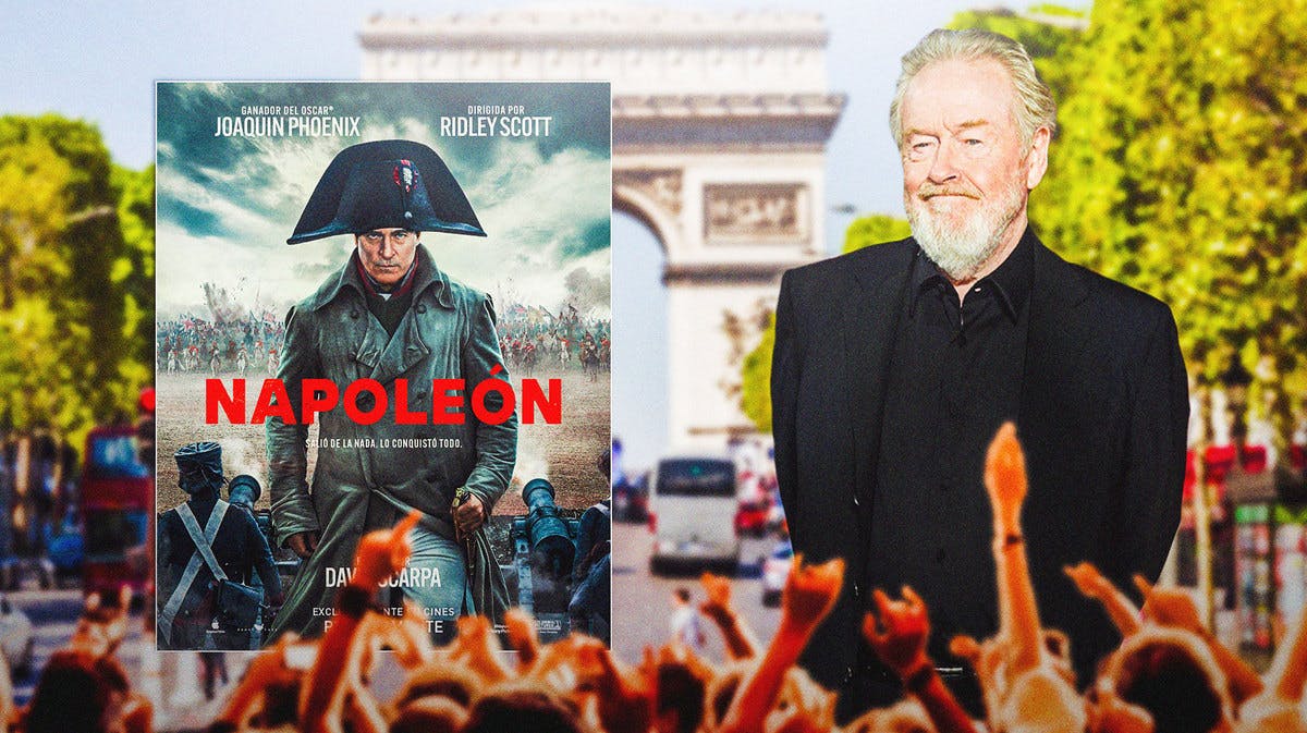 Napoleon poster next to Ridley Scott and France background.