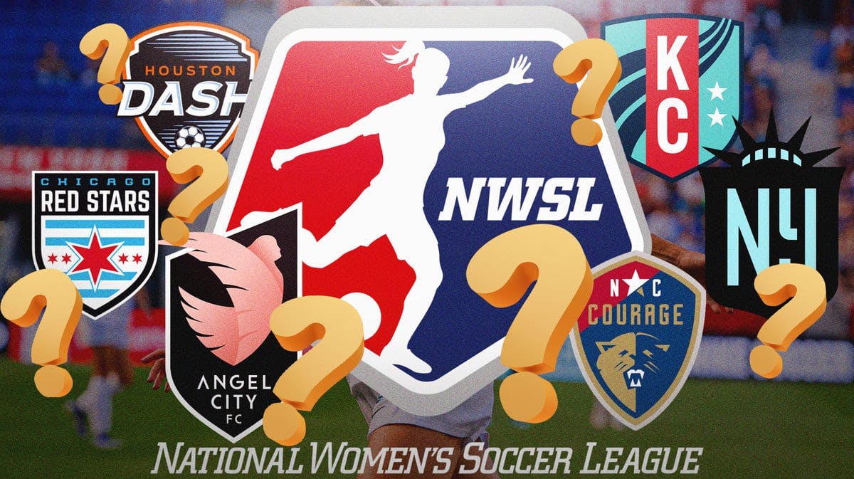 The National Woman’s Soccer League (NWSL) logo in the middle, surrounded by logos of the different NWSL teams with some big question mark emojis also mixed in with the different team logos