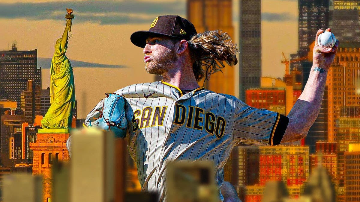 Josh Hader of the Padres with the Statue of Liberty in the background