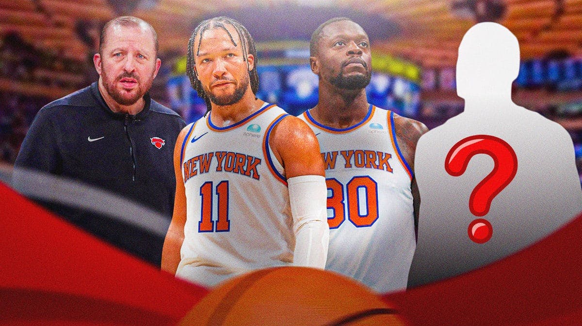 Tom Thibodeau, Jalen Brunson and Julius Randle next to blacked out Knicks player