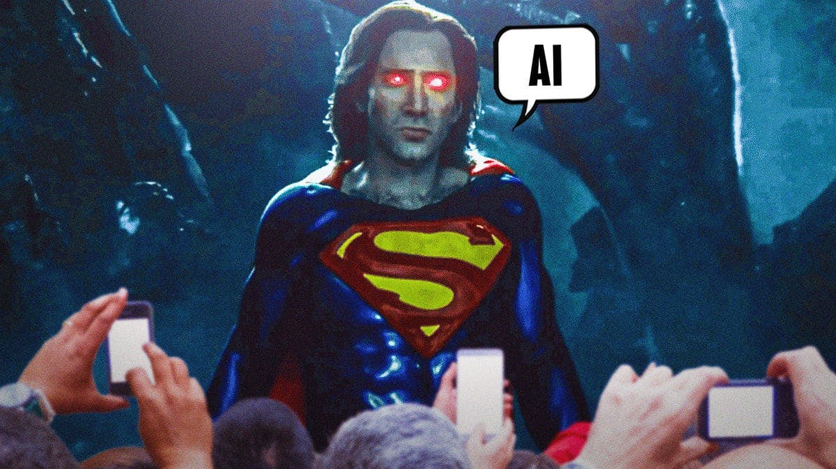 Nicholas Cage as Superman with the word 'AI' coming out of his mouth.