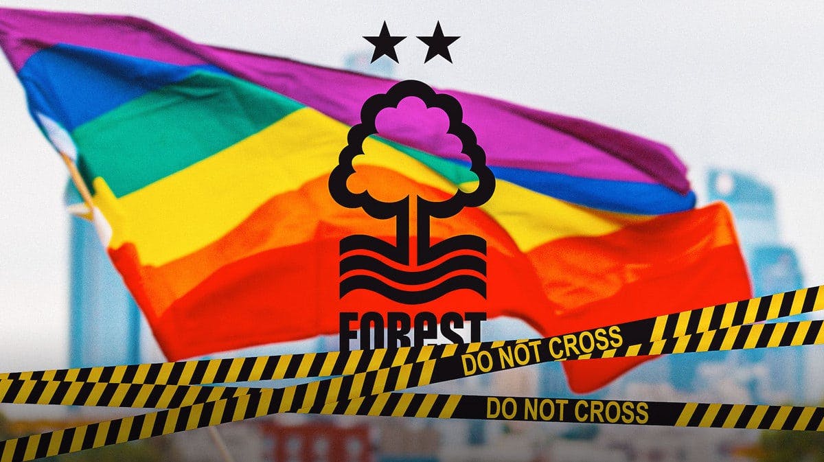 The Nottingham Forest logo behind an LGBT flag and police lines