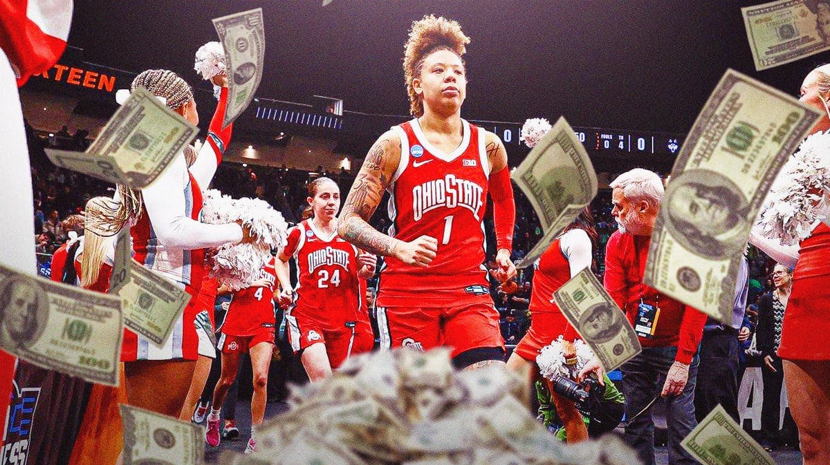 The Ohio State women’s basketball team surrounded by dollar bill signs and money
