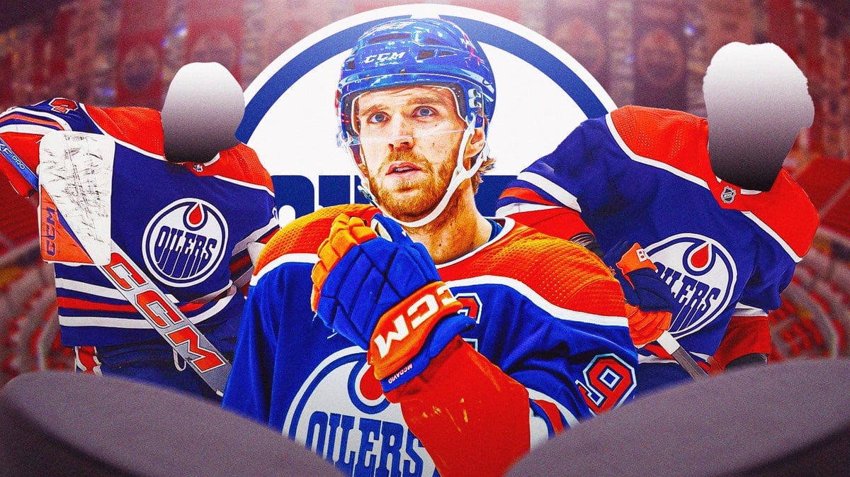 Two silhouetted players on either side of image in Edmonton Oilers jerseys: one a goalie and one a player. Connor McDavid in middle, EDM Oilers logo, hockey rink in background