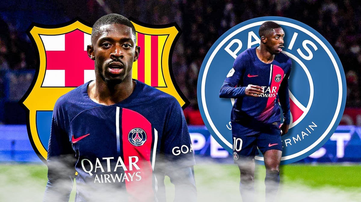 Ousmane Dembele saying:'I sleep well' in front of the Barcelona and PSG logos