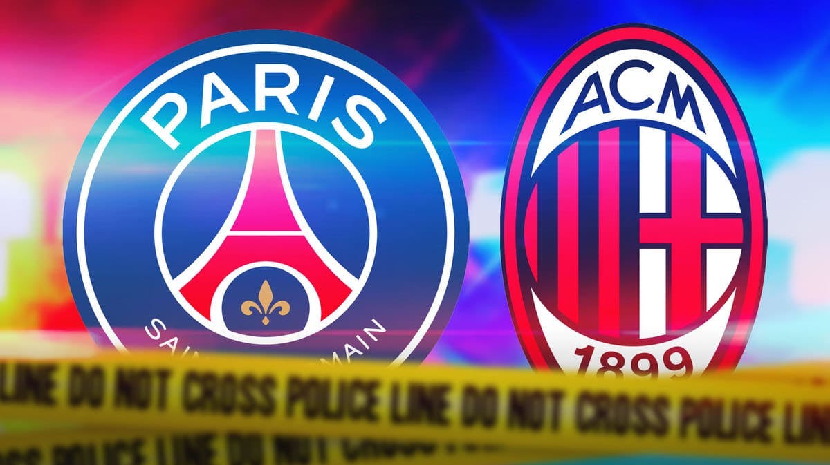 The PSG and AC Milan logos behind police lines and police lights